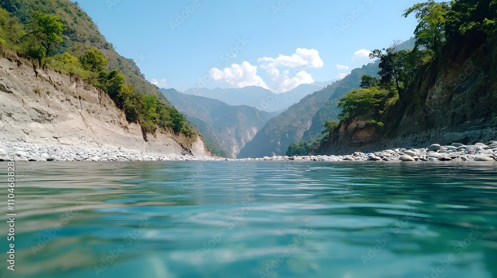 Explore the Tranquil Oasis of a River Flowing Through a Lush Green Canyon in Majestic Wilderness. Scenic Beauty of Nature Concept Explore the Tranquil Oasis of a River Flowing Through a Lush Green Canyon in Majestic Wilderness. Scenic Beauty of Nature Concept