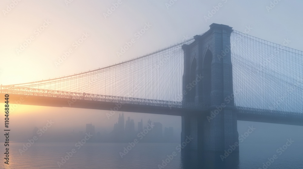 misty sunrise over a bridge with city skyline in the background misty sunrise over a bridge with city skyline in the background