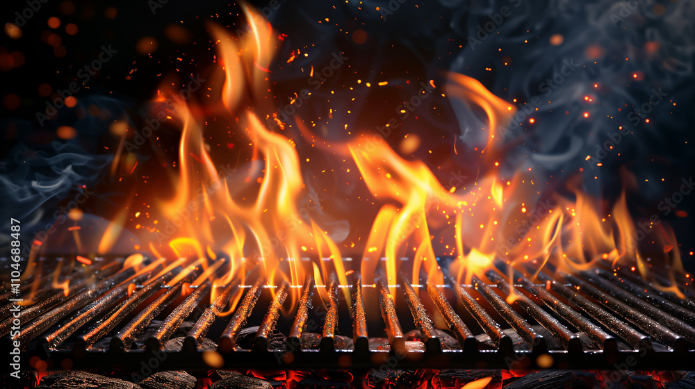 Close-Up of Flaming Grill with Orange Flames and Black Metal Grate Close-Up of Flaming Grill with Orange Flames and Black Metal Grate