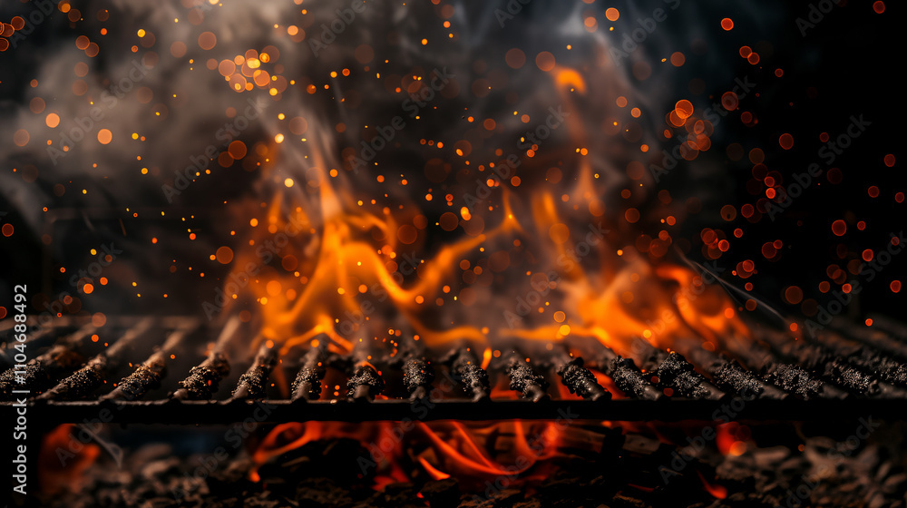 Close-Up of Flaming Grill with Orange Flames and Black Metal Grate Close-Up of Flaming Grill with Orange Flames and Black Metal Grate