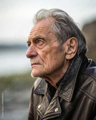 Pensive elderly man in leather jacket with thoughtful expression outdoors