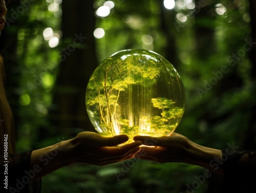 hands holding a glowing orb containing a miniature forest scene