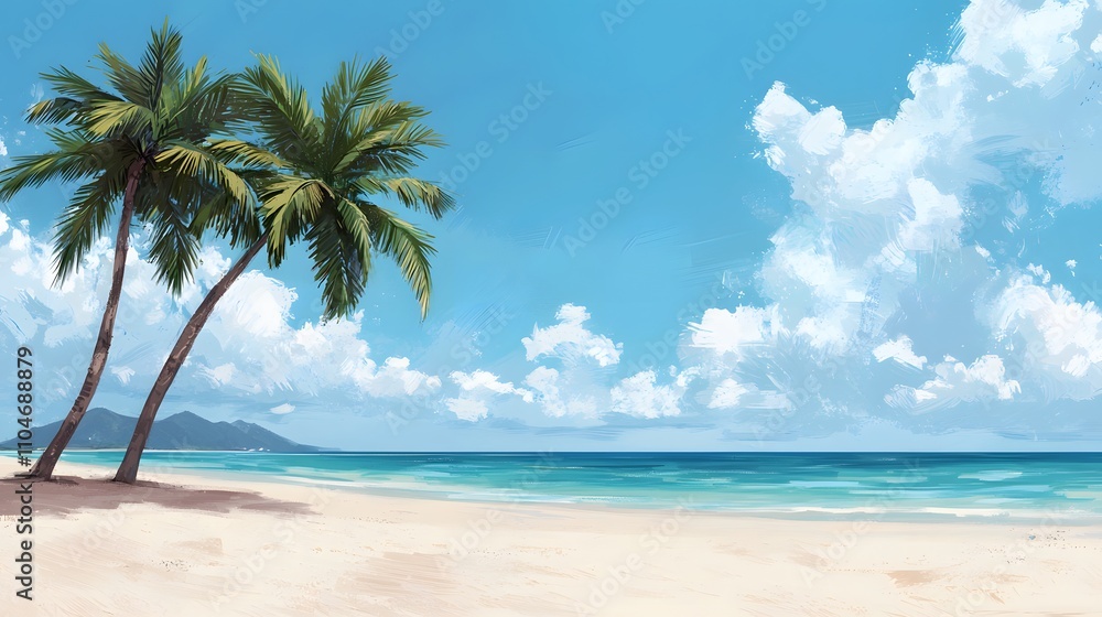 Breathtaking Tropical Paradise with Palm Trees, White Sand, and Tranquil Blue Ocean Waves Await. Scenic Beauty of Nature Concept Breathtaking Tropical Paradise with Palm Trees, White Sand, and Tranquil Blue Ocean Waves Await. Scenic Beauty of Nature Concept