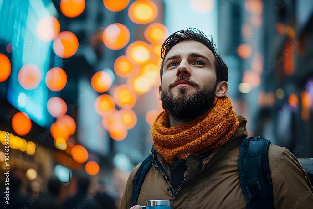 A man gazes upward in a vibrant cityscape adorned with glowing orbs. A man gazes upward in a vibrant cityscape adorned with glowing orbs.