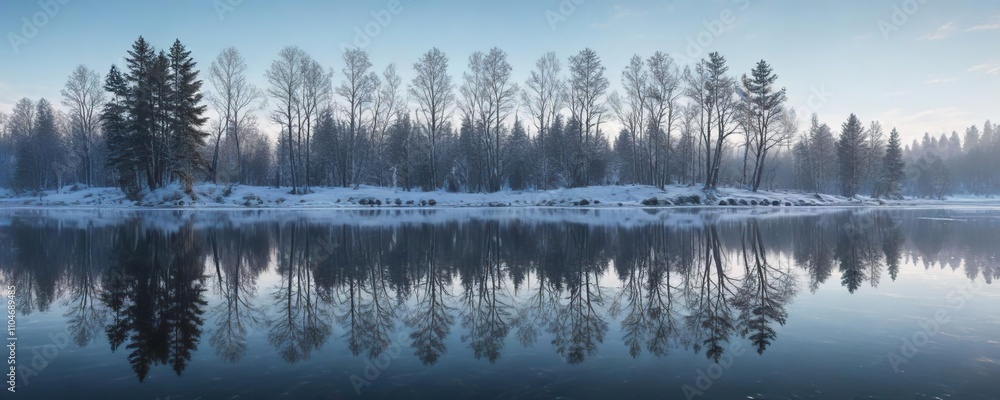 Frozen lake reflecting wintry trees under a blue sky, winter tranquility, chilly atmosphere, serene setting, snow-covered branches Frozen lake reflecting wintry trees under a blue sky, winter tranquility, chilly atmosphere, serene setting, snow-covered branches