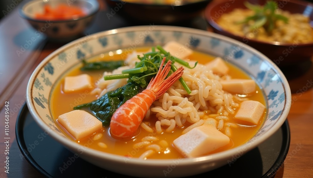 Pink shrimp on noodles, Orange carrots in soup, White tofu chunks floating, Green Pink shrimp on noodles, Orange carrots in soup, White tofu chunks floating, Green