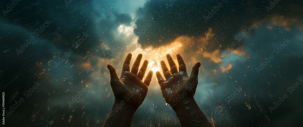 Hands reaching for divine light through the rain: a dramatic moment of hope and spirituality Hands reaching for divine light through the rain: a dramatic moment of hope and spirituality