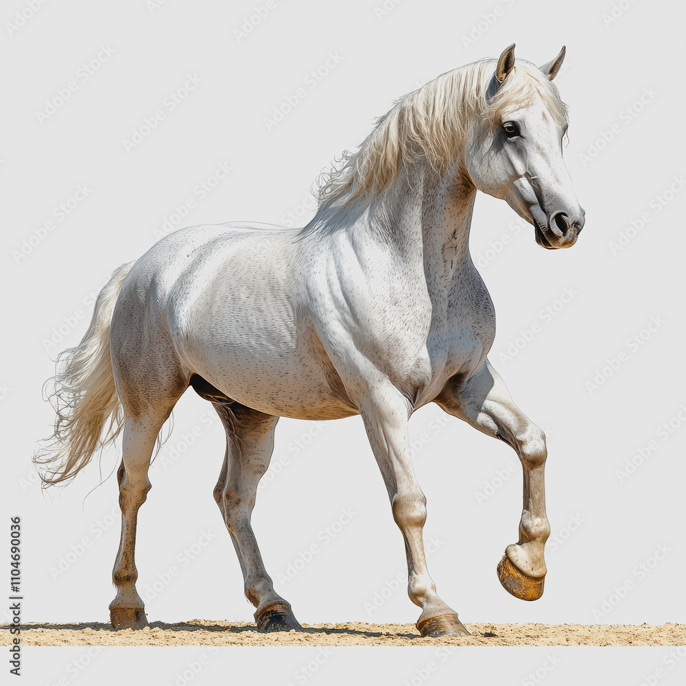 Majestic White Horse Standing Gracefully on Sand with Bright Background Showcasing Its Elegant Features and Exquisite Mane, Capturing Pure Beauty and Strength Majestic White Horse Standing Gracefully on Sand with Bright Background Showcasing Its Elegant Features and Exquisite Mane, Capturing Pure Beauty and Strength