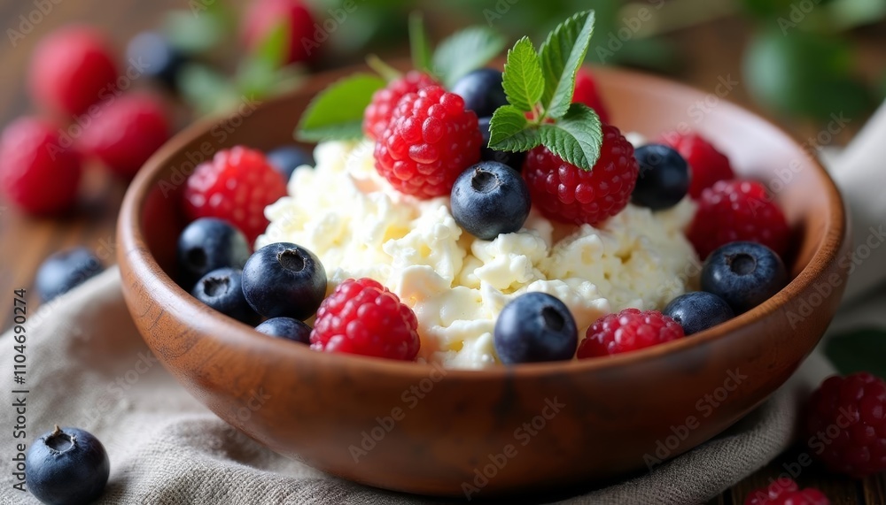 Bowl of raspberries, blueberries, whipped cream, and mint leaf garnish on a wooden tabletop Bowl of raspberries, blueberries, whipped cream, and mint leaf garnish on a wooden tabletop