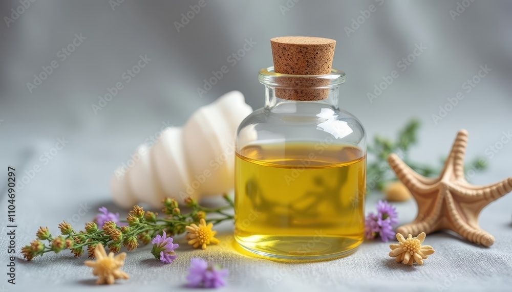 Oil in glass bottle with cork on table with seashells and stars Oil in glass bottle with cork on table with seashells and stars