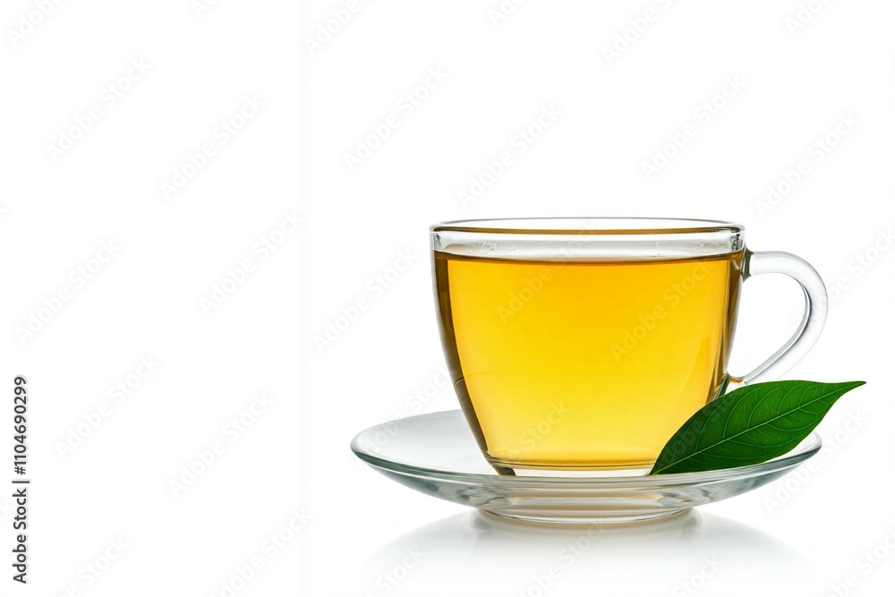 A clear glass cup of tea with a green leaf on the saucer, isolated on a white background. A clear glass cup of tea with a green leaf on the saucer, isolated on a white background.