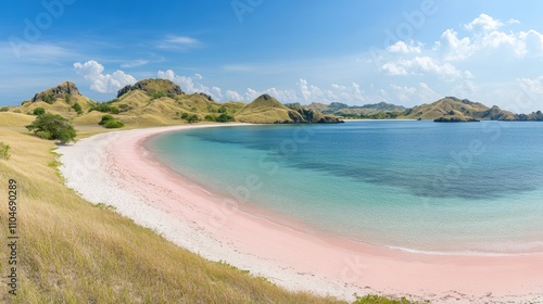 Panoramic view of a pink sand beach with turquoise water, surrounded by dry hills under a blue sky.