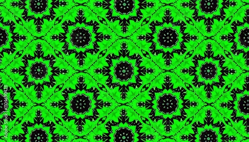 Colorful digital pattern with a repeating motif of leaf-like shapes in green and black against a dark backgroundImage description photo