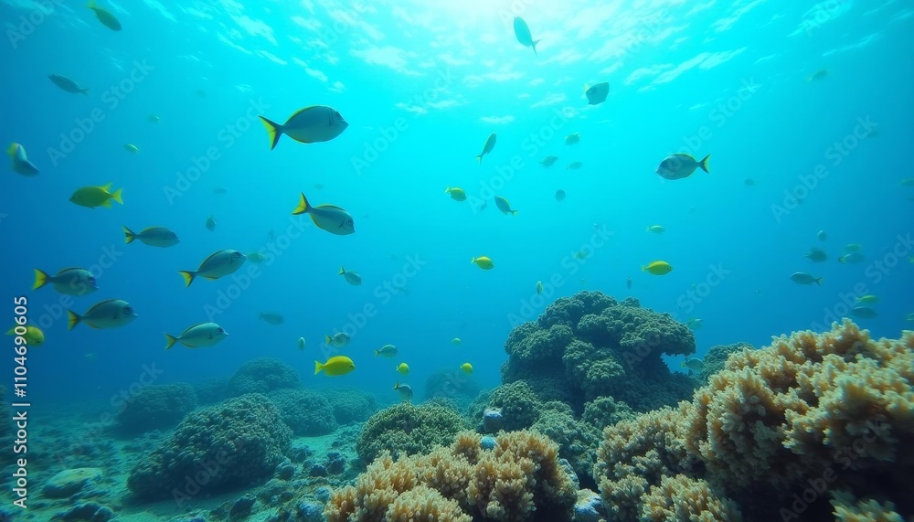 Fototapeta premium Underwater scene with vibrant reef and school of yellow fish in crystal blue water