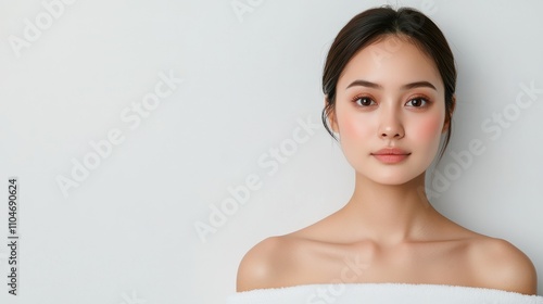 Young Woman with Natural Makeup and Smooth Skin on Neutral Background