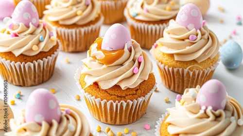 Easter themed cupcakes with caramel filling and marzipan Easter egg decorations on white background