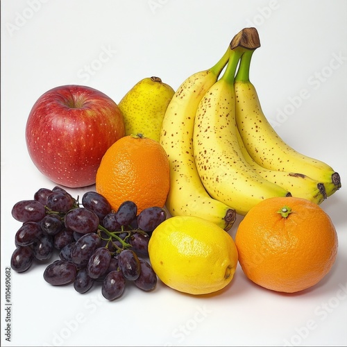 fresh assorted fruits including apples, bananas, oranges, and grapes on a white background