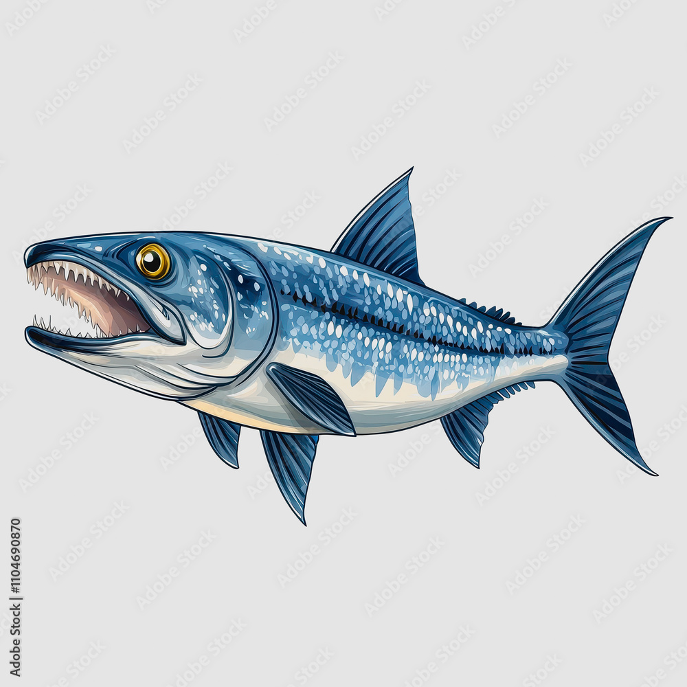 Fototapeta premium Detailed Illustration of a Fearsome Fish with Sharp Teeth, exhibiting Vibrant Blue and Silver Scales, Perfect for Marine Life Enthusiasts and Educational Purposes