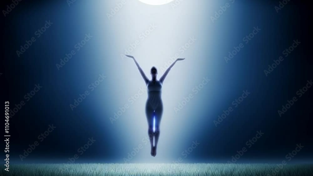Ethereal dreamy video of a floating human in a field at night. Silhouette. Ethereal dreamy video of a floating human in a field at night. Silhouette.