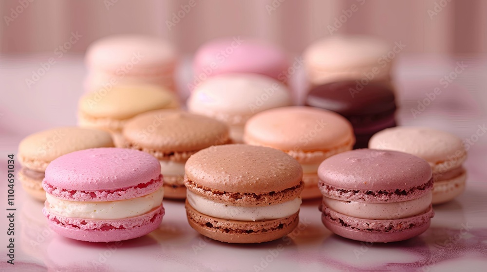 A Collection of Delicate Pastel-Colored Macarons on a Pink Surface A Collection of Delicate Pastel-Colored Macarons on a Pink Surface