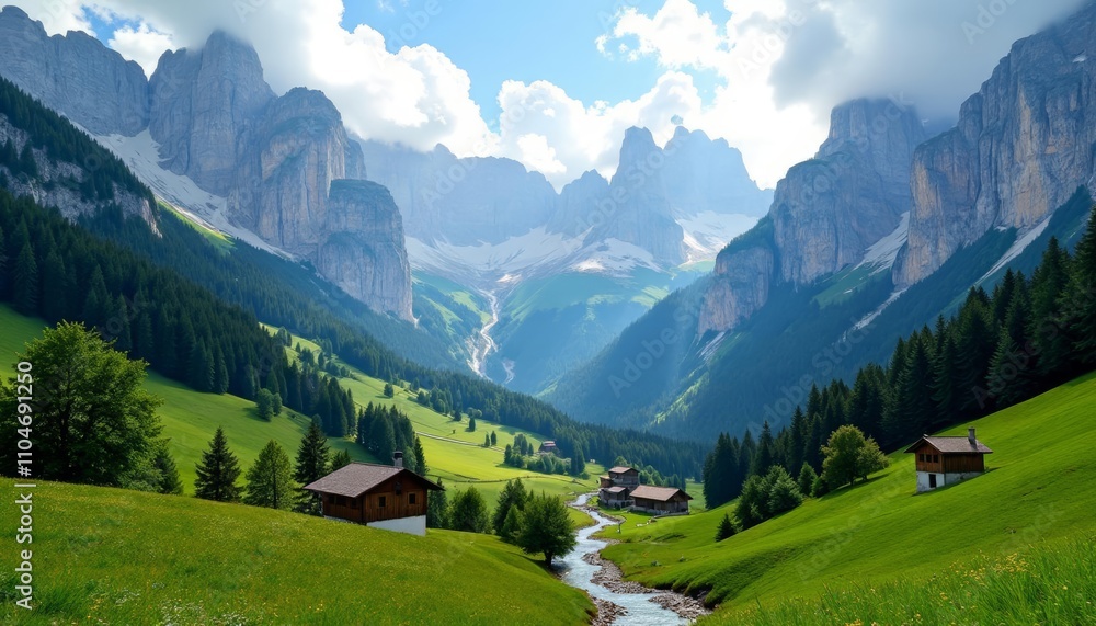 Majestic Alps with pastoral valley and houses in foreground Majestic Alps with pastoral valley and houses in foreground