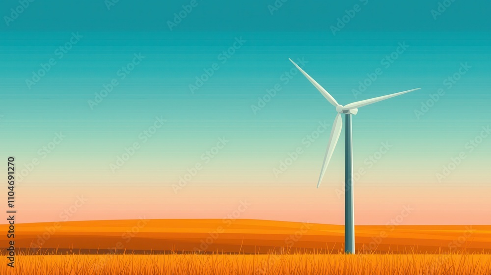 Obraz premium A Single Wind Turbine in a Golden Field Against a Colorful Sky