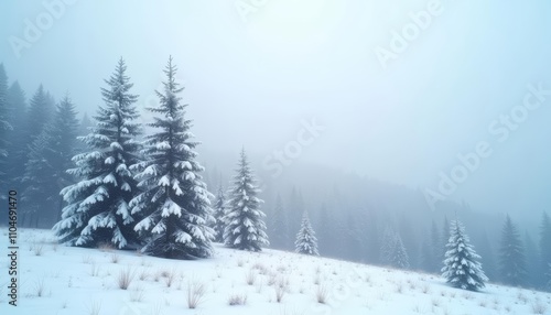 Snowy evergreens in foggy forest