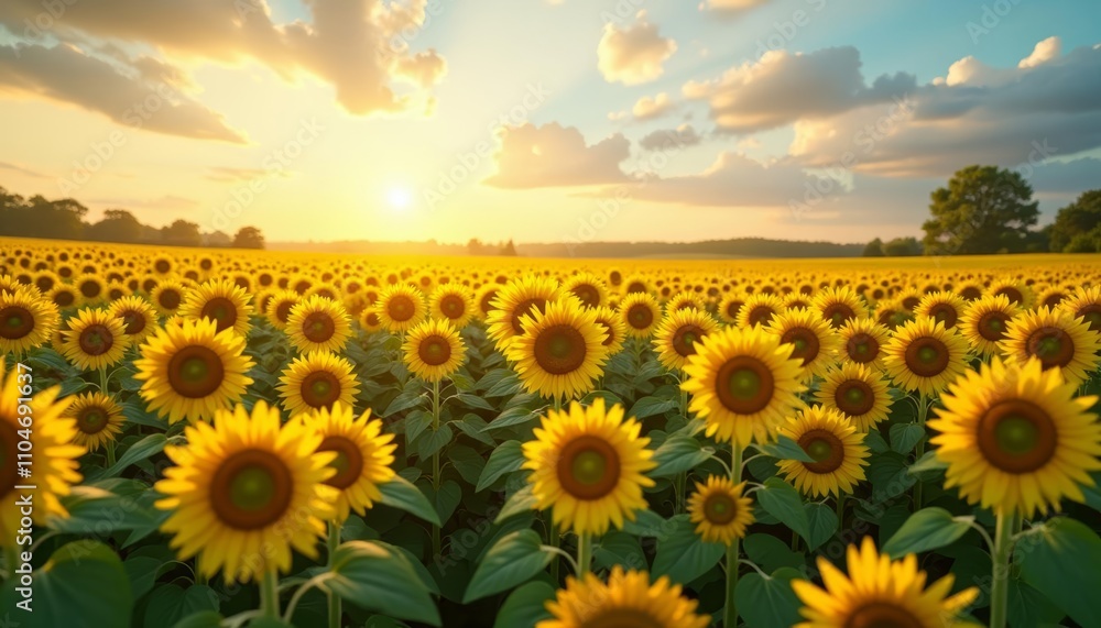 Fototapeta premium Yellow sunflowers in field at sunset