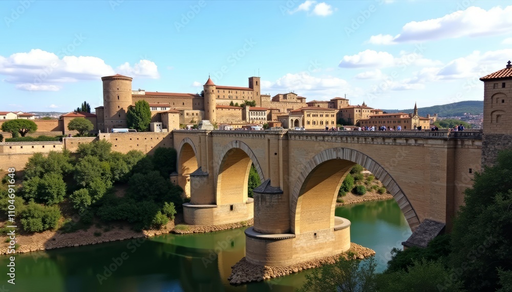 Obraz premium Tan bridge over blue water with castle background