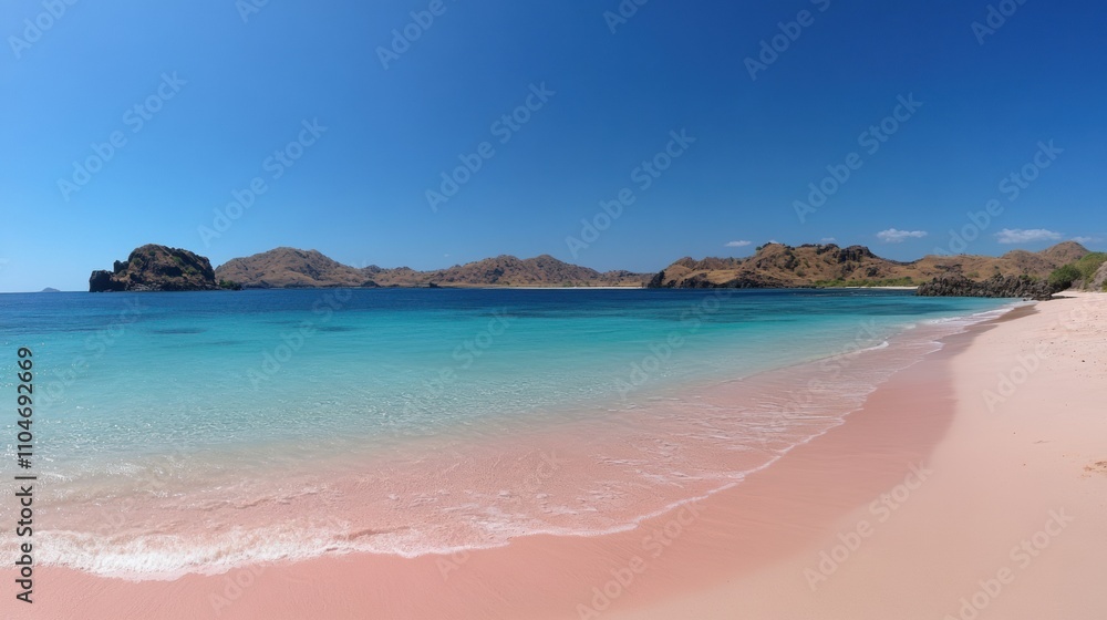 Panoramic view of pink sand beach, turquoise water, and distant mountains under a clear blue sky. Panoramic view of pink sand beach, turquoise water, and distant mountains under a clear blue sky.