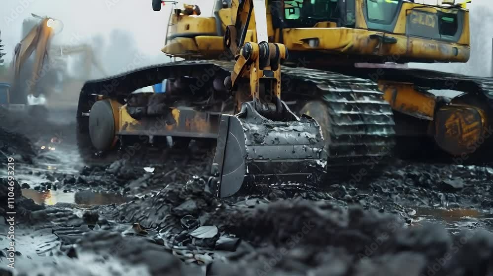 Excavator digs through challenging wet terrain powerfully. Excavator digs through challenging wet terrain powerfully.