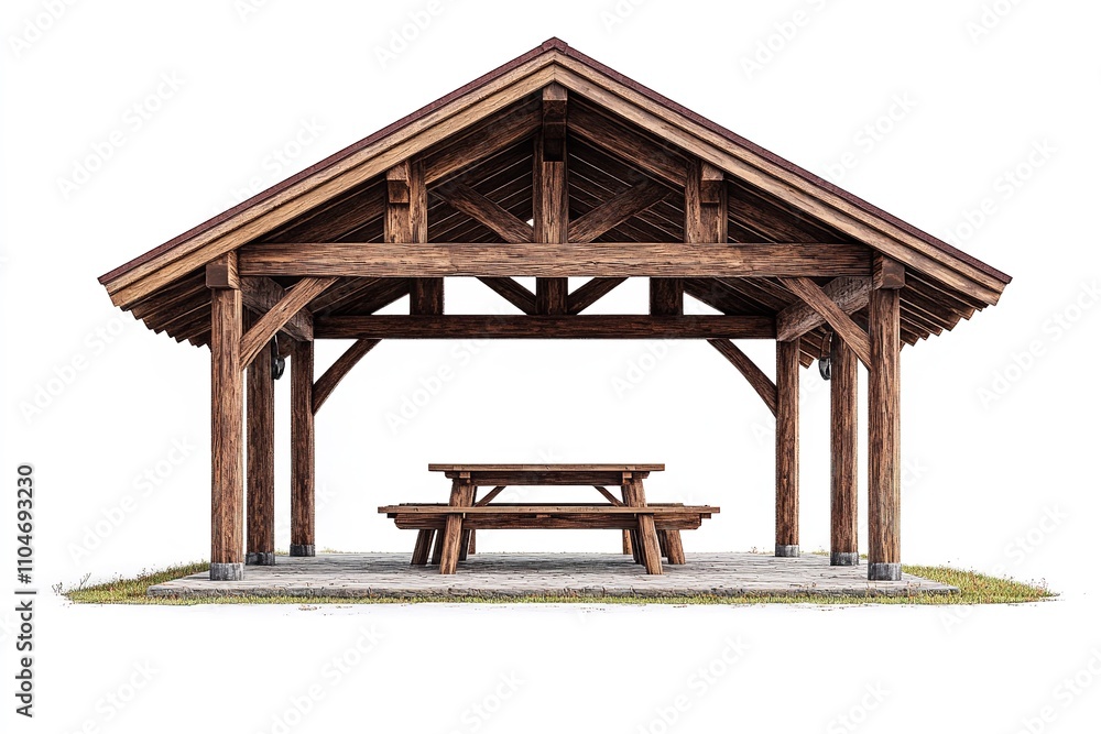 Beautifully crafted wooden pavilion with picnic tables in a park setting, isolated on a white background. Generative Ai Beautifully crafted wooden pavilion with picnic tables in a park setting, isolated on a white background. Generative Ai