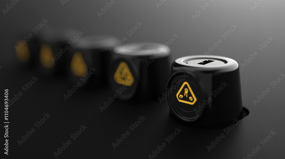 Caution icons on black plugs and sockets, highlighting safety concerns Caution icons on black plugs and sockets, highlighting safety concerns