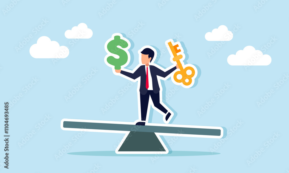 A businessman on a seesaw holding a dollar sign in one hand and a key in the other, illustration of equal comparison between solutions and costs A businessman on a seesaw holding a dollar sign in one hand and a key in the other, illustration of equal comparison between solutions and costs