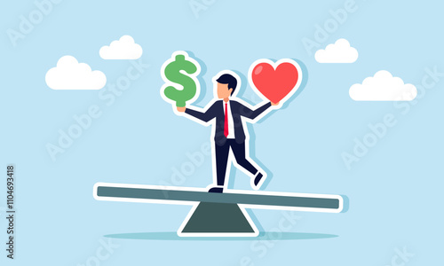 A businessman on a seesaw holding a dollar sign in one hand and a heart in the other, illustration of weighing choices between ego and finances