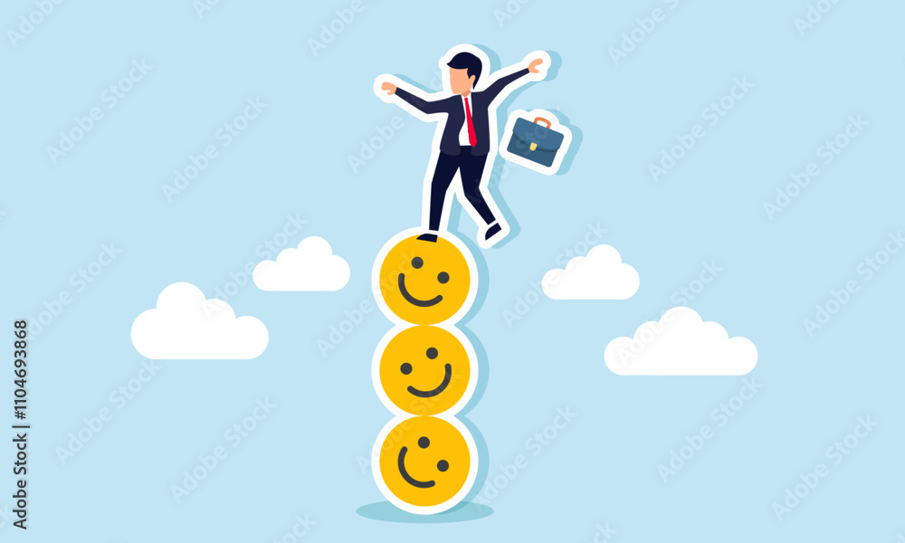 A businessman stands unbalanced on a stack of happy emoticons, illustration of maintaining market attention and engagement A businessman stands unbalanced on a stack of happy emoticons, illustration of maintaining market attention and engagement