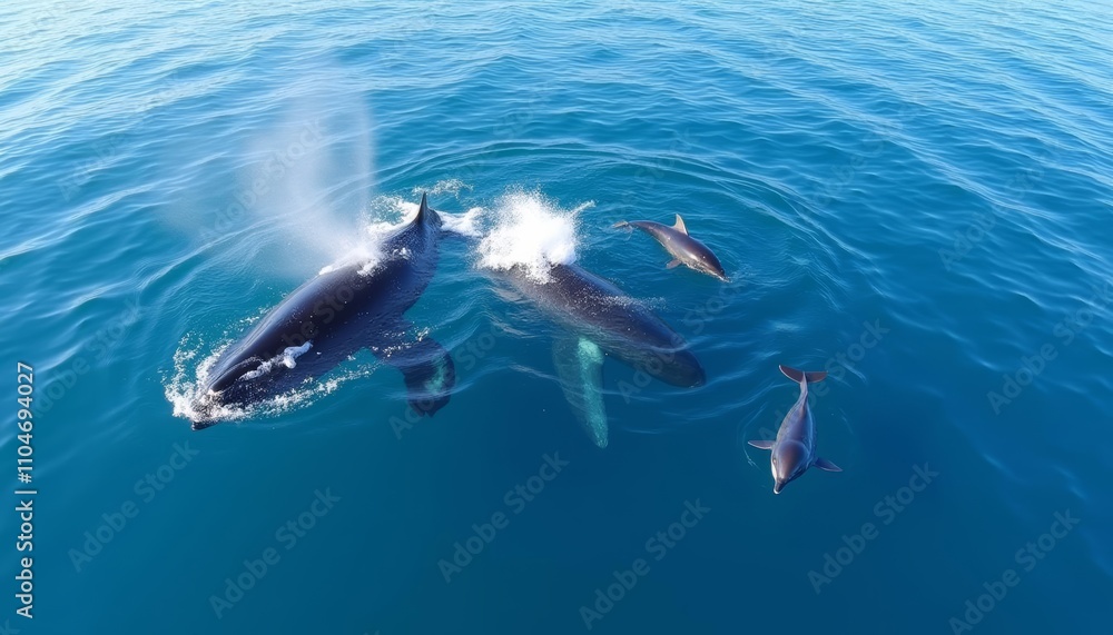 Fototapeta premium A school of dolphins swimming together in the ocean