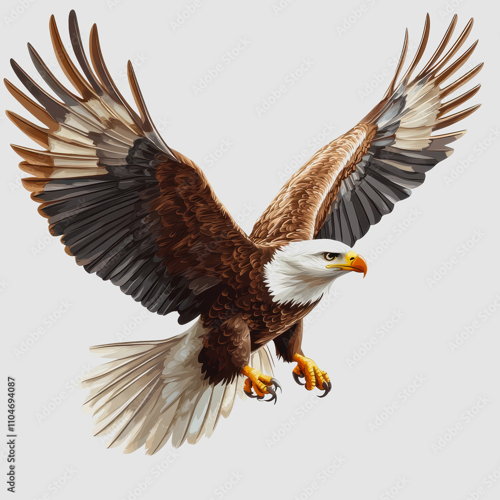Obraz premium Detailed Illustration of an American Bald Eagle in Flight with Outstretched Wings Against a Plain Background, Capturing the Majesty of Nature in Stunning Realism