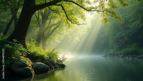 Peaceful riverbank amidst sunlight and trees photo