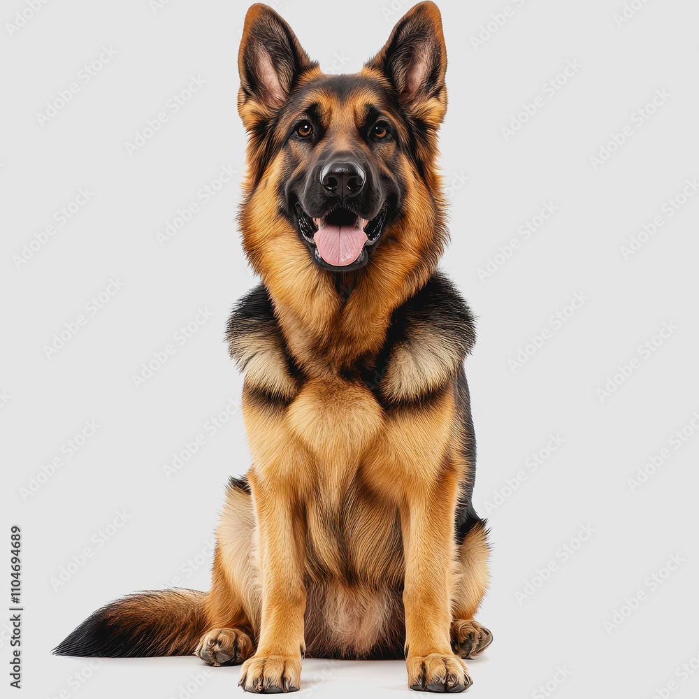 Captivating Portrait of a Friendly German Shepherd Sitting Proudly on a Neutral Background with Bright Eyes and Gleaming Coat, Perfect for Dog Lovers and Pet Enthusiasts Captivating Portrait of a Friendly German Shepherd Sitting Proudly on a Neutral Background with Bright Eyes and Gleaming Coat, Perfect for Dog Lovers and Pet Enthusiasts