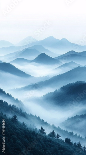 A serene and tranquil misty mountain landscape perfect for mindfulness themes, nature retreats, or travel promotions; evokes peace and calmness.