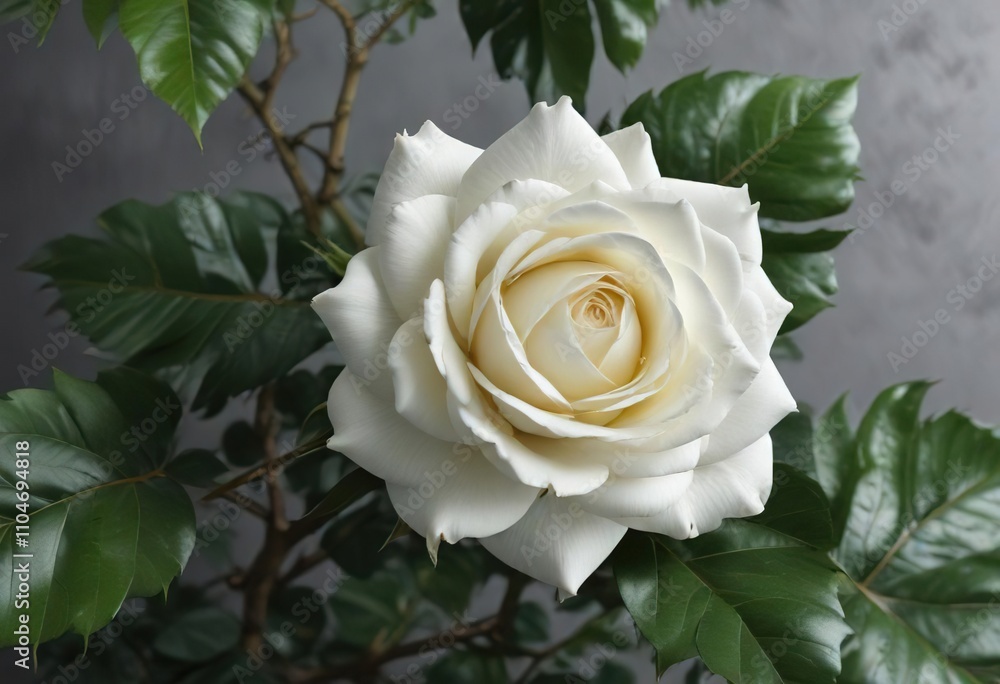 Stunning white rose surrounded by lush green leaves on a solid gray backdrop, countryside, nature photography Stunning white rose surrounded by lush green leaves on a solid gray backdrop, countryside, nature photography