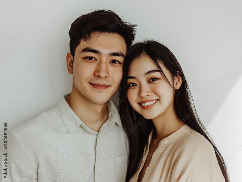 happy couple posing together with warm smiles happy couple posing together with warm smiles