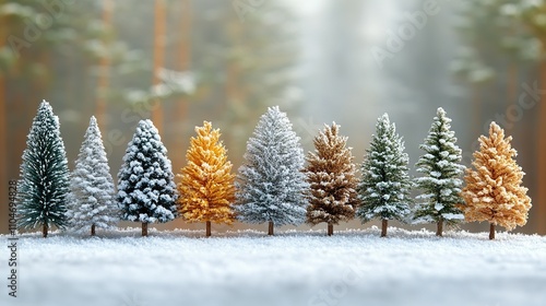 Miniature Snow Covered Trees in Winter Forest Scene