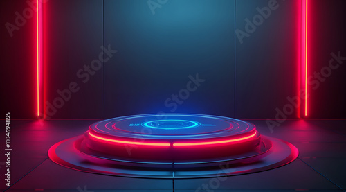 A futuristic platform illuminated by blue and red lights, set against a dark background, creating a vibrant, sci-fi ambiance.