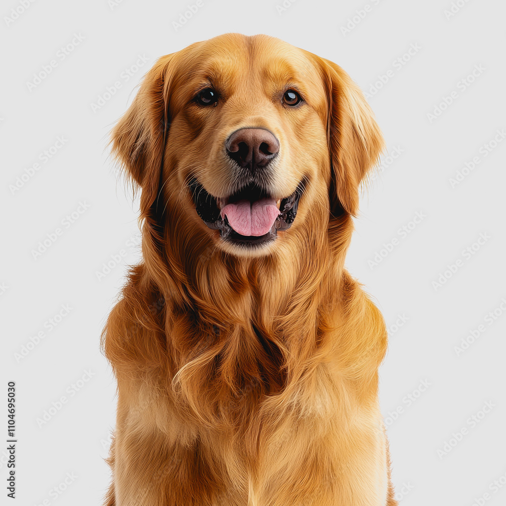 Adorable Golden Retriever Dog with a Happy Expression Sitting Against a Light Background, Perfect for Pet Lovers and Animal Enthusiasts Seeking Joyful Imagery Adorable Golden Retriever Dog with a Happy Expression Sitting Against a Light Background, Perfect for Pet Lovers and Animal Enthusiasts Seeking Joyful Imagery