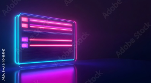 A futuristic neon credit card design illuminated in blue and pink hues against a dark background.
