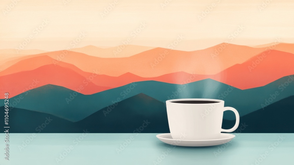 Minimalist Coffee Cup in Serene Landscape Minimalist Coffee Cup in Serene Landscape