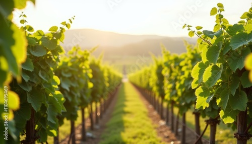 Sunlit vineyard with green leaves