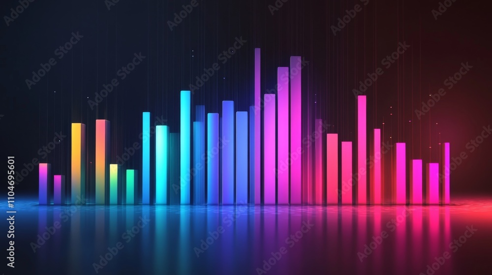 Colorful Audio Visualizer with Neon Bars and Reflections in Dark Background Colorful Audio Visualizer with Neon Bars and Reflections in Dark Background